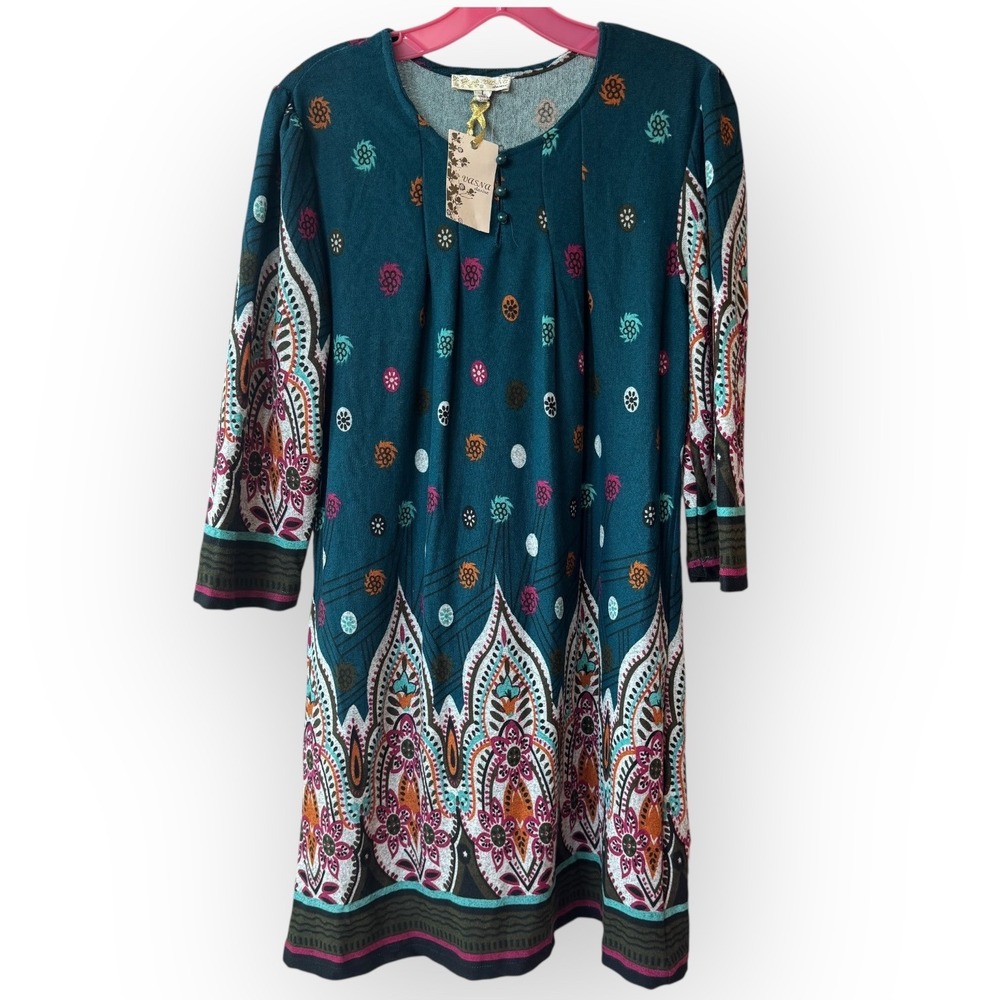 NWT Vasna Desire‎ Teal Paisley Print Knit Dress Womens Size L Bohemian Style